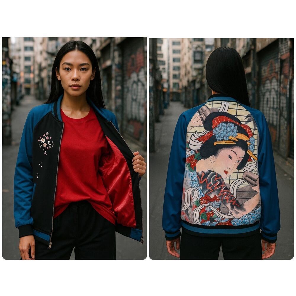 Japanese Geisha Satin Embroidered Bomber Jacket Streetwear Retro Unisex Sz M NEW
